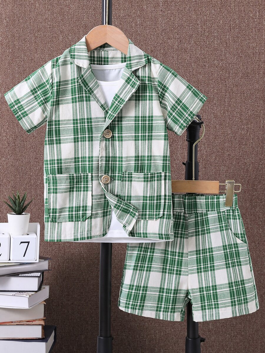 小男童格紋印花西裝領襯衫和短褲附T恤
