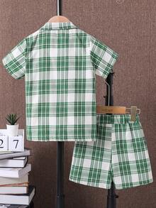 小男童格紋印花西裝領襯衫和短褲附T恤