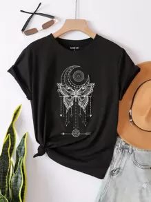 INAWLY Camiseta luna con con estampado de mariposa - Negro - Ver 1