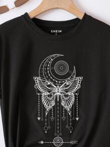 INAWLY Camiseta luna con con estampado de mariposa - Negro - Ver 4