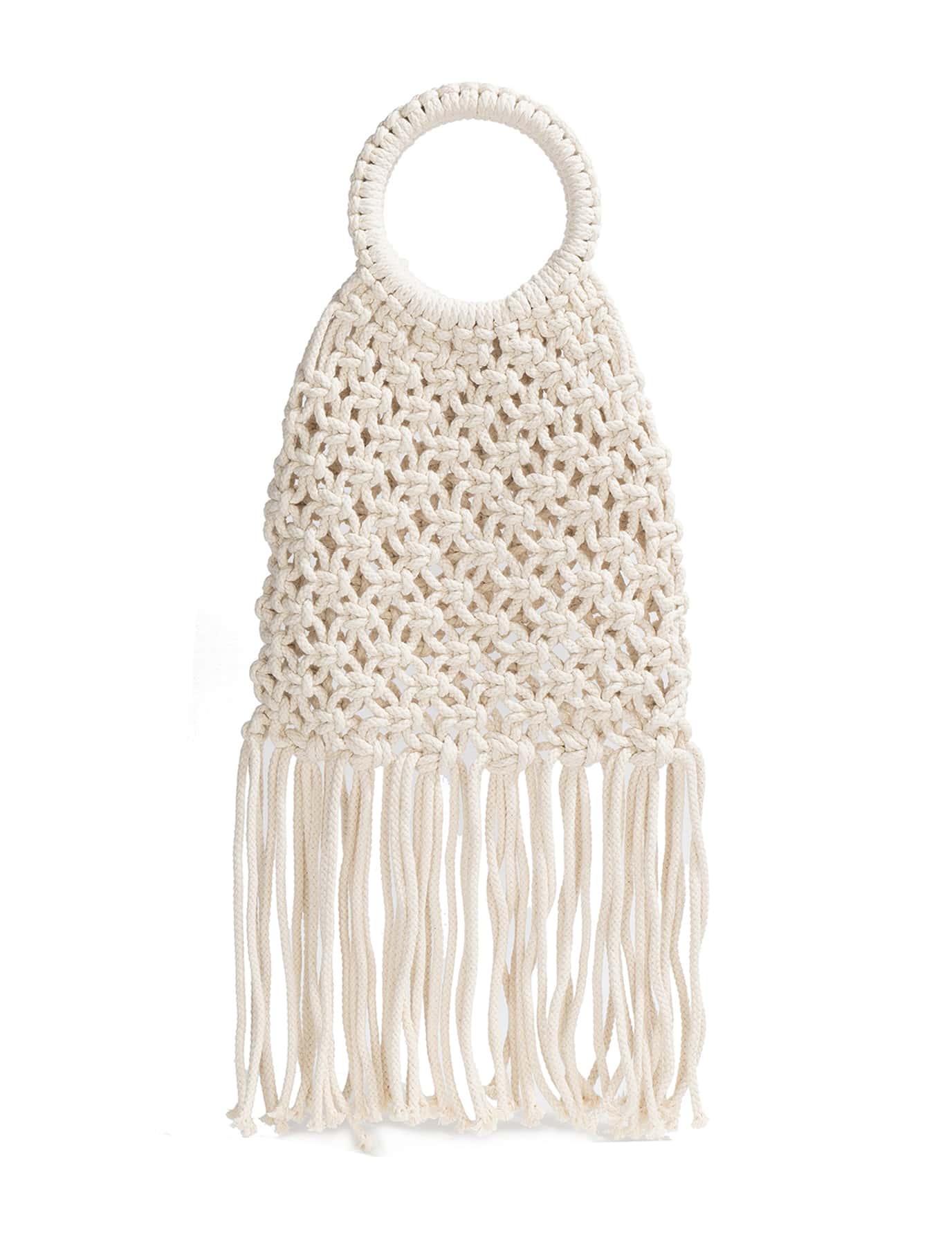 White Handmade Macrame Fringe Round Handle Tote Bag - White - View 1