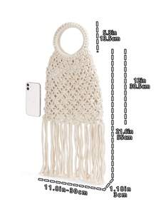 White Handmade Macrame Fringe Round Handle Tote Bag - White - View 4