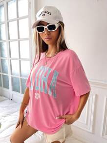 SHEIN EZwear Floral & Letter Graphic Drop Shoulder Tee