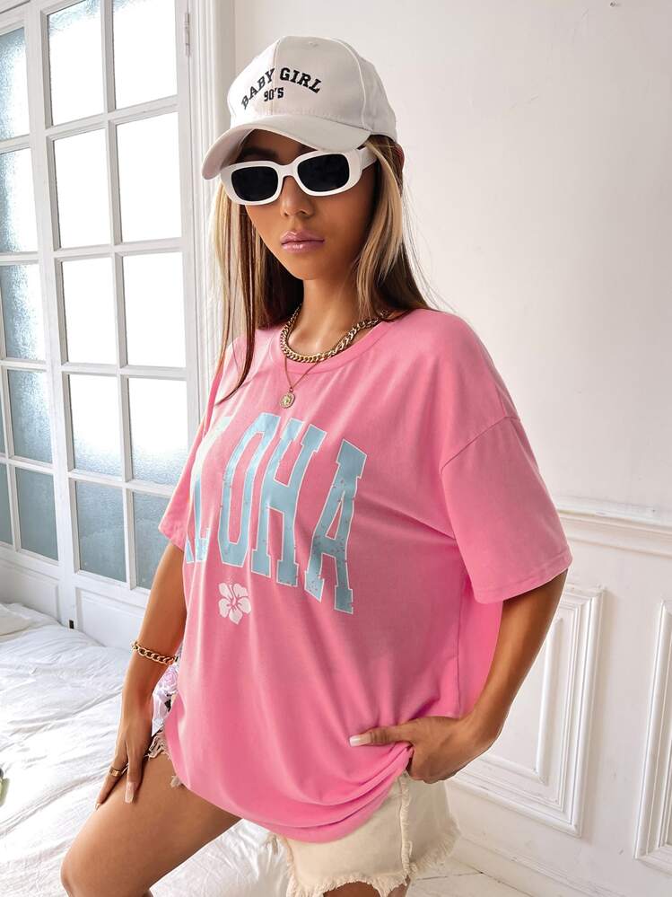 SHEIN EZwear Floral & Letter Graphic Drop Shoulder Tee - Pink - View 3