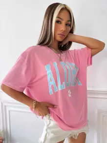 SHEIN EZwear Floral & Letter Graphic Drop Shoulder Tee