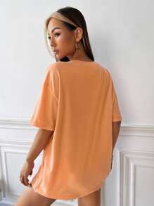 SHEIN EZwear Floral & Letter Graphic Drop Shoulder Tee - Coral Orange - View 2