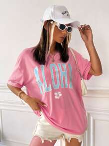 SHEIN EZwear Floral & Letter Graphic Drop Shoulder Tee