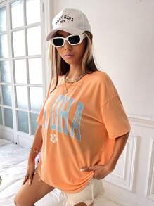SHEIN EZwear Floral & Letter Graphic Drop Shoulder Tee - Coral Orange - View 3
