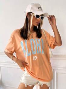 SHEIN EZwear Floral & Letter Graphic Drop Shoulder Tee - Coral Orange - View 6