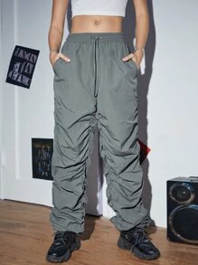 SWAVVY 1pc Drawstring Waist Ruched Trousers - Dark Grey - View 2