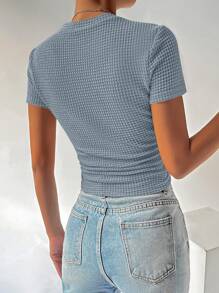 SHEIN EZwear Áo thun nữ Xù màu trơn Giải trí - Màu xanh bụi bặm - Xem 2