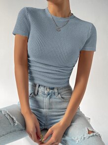 SHEIN EZwear Áo thun nữ Xù màu trơn Giải trí - Màu xanh bụi bặm - Xem 3