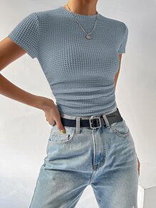 SHEIN EZwear Áo thun nữ Xù màu trơn Giải trí - Màu xanh bụi bặm - Xem 4