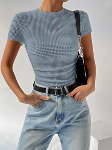 SHEIN EZwear Áo thun nữ Xù màu trơn Giải trí - Màu xanh bụi bặm - Xem 6