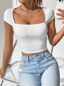 SHEIN EZwear Square Neck Crop Tee - White - View 4
