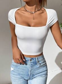 SHEIN EZwear Square Neck Crop Tee - White - View 5