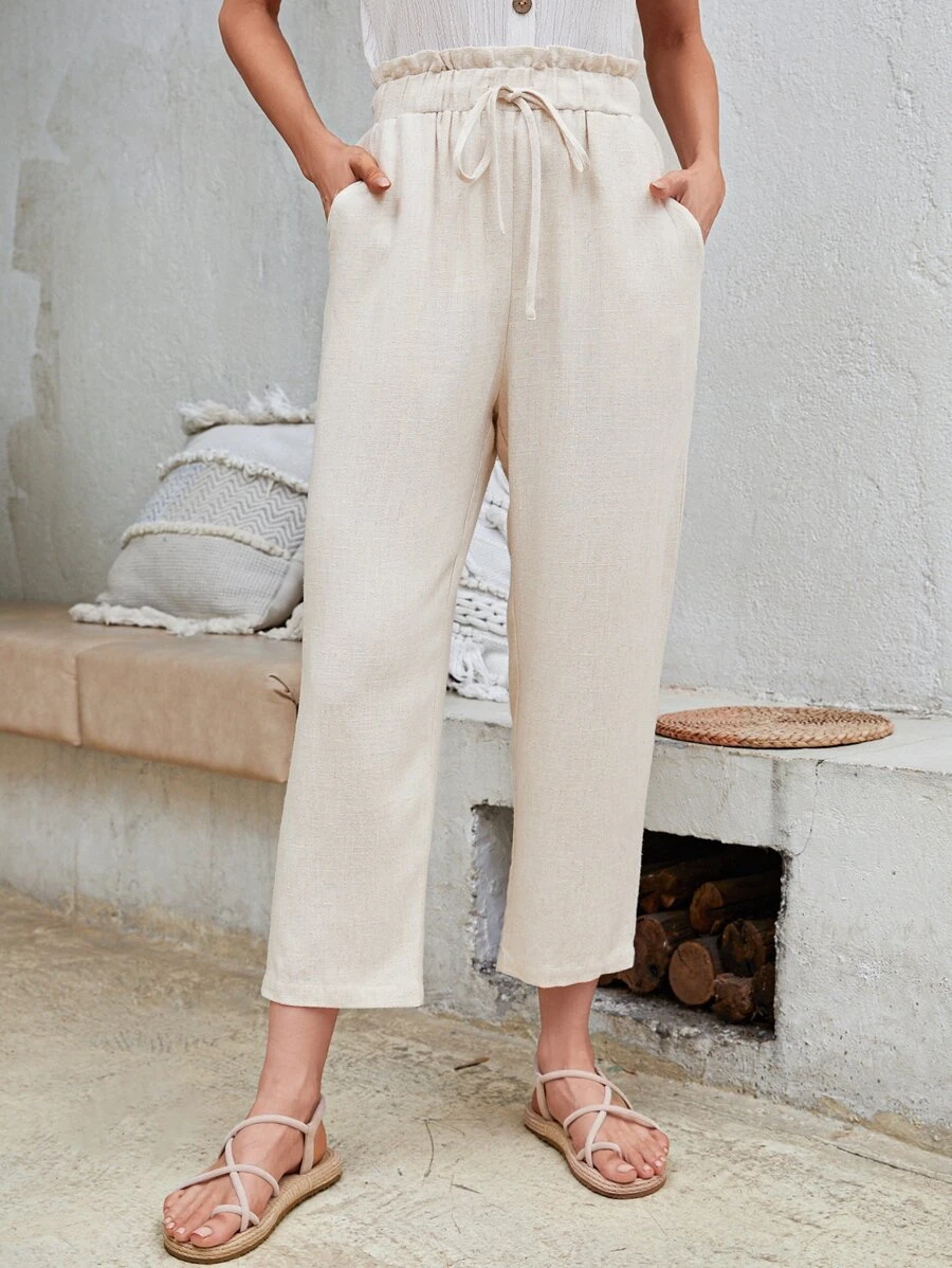 EMERY ROSE Paperbag Waist Drawstring Front Cropped Trousers - Apricot - View 1