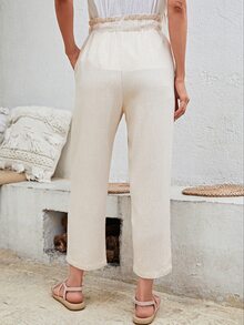 EMERY ROSE Paperbag Waist Drawstring Front Cropped Trousers - Apricot - View 2