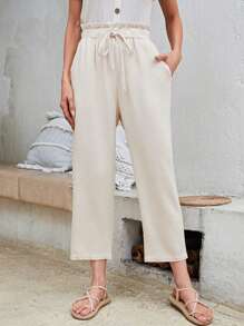 EMERY ROSE Paperbag Waist Drawstring Front Cropped Trousers - Apricot - View 3