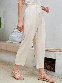 EMERY ROSE Paperbag Waist Drawstring Front Cropped Trousers - Apricot - View 4