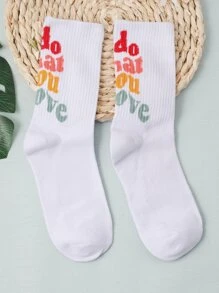 Slogan Graphic Crew Socks, Fall Socks - Multicolor - View 1