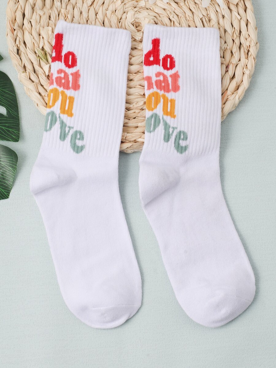 Slogan Graphic Crew Socks, Fall Socks - Multicolor - View 1