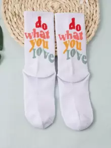 Slogan Graphic Crew Socks, Fall Socks - Multicolor - View 3