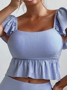 SHEIN Swim 條紋圖案坦基尼套裝蝴蝶袖荷葉邊上衣和高腰下裝2入組泳衣