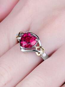 1入組魅力四射和奢華925純銀Love愛心設計精美多面心型切口實驗室製造紅色紅寶石銀戒指適合女士適合女孩適用於約會禮物日常裝飾精細首飾類 - 紅色 - 查看 3