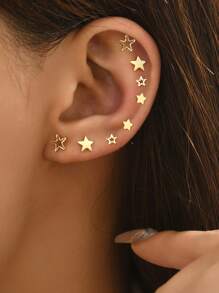 8入組/套星形裝飾耳環 - 金黃色 - 查看 2