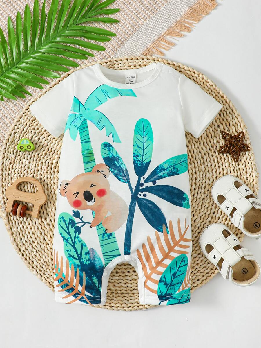 SHEIN 新生兒熱帶圖案T恤連體褲 - 白色 - 查看 1