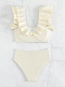 Ruffle Trim High Waisted Summer Beach Bikini Set - Beige - View 4