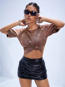 SHEIN BAE Áo thun nữ màu trơn Giải trí - Đồng - Xem 3