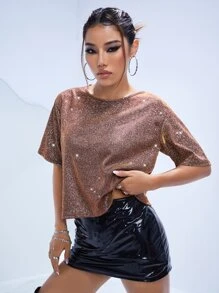 SHEIN BAE Áo thun nữ màu trơn Giải trí - Đồng - Xem 4