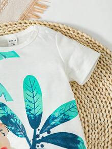 SHEIN 新生兒熱帶圖案T恤連體褲 - 白色 - 查看 5