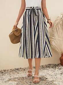 EMERY ROSE 條紋和幾何圖案腰帶半身裙 - 彩色 - 查看 2