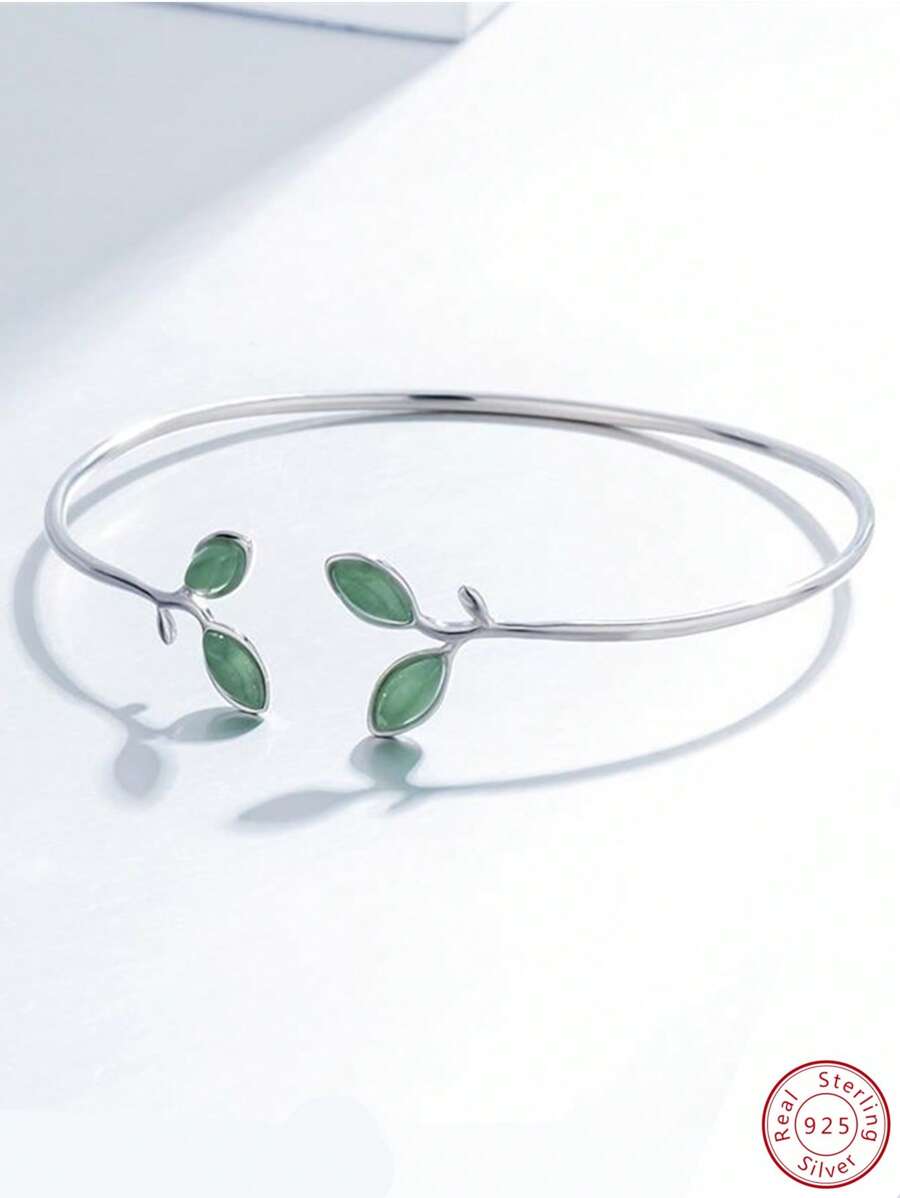 Vòng đeo tay bằng bạc trang trí hình chiếc lá - Bạc - Xem 1