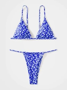 Ditsy Floral Triangle Thong Bikini Set - Royal Blue - View 3