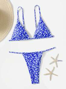 Ditsy Floral Triangle Thong Bikini Set - Royal Blue - View 4