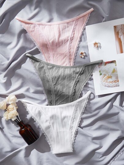 Women's Casual Tie Dye Knitted Fabric Contrast Lace Bikini Panties Underwear Set Multicolored