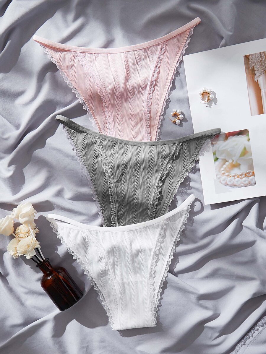 Women's Casual Tie Dye Knitted Fabric Contrast Lace Bikini Panties Underwear Set Multicolored - Multicolor - View 1