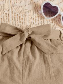 SHEIN Baby Girl Button Pocket Detail Belted Shorts - Khaki - View 3