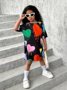 SHEIN 女孩愛心圖案落肩T恤洋裝 - 彩色 - 查看 1