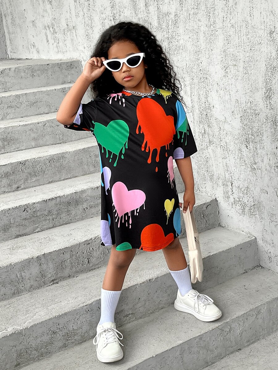 SHEIN 女孩愛心圖案落肩T恤洋裝 - 彩色 - 查看 1