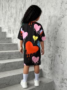 SHEIN 女孩愛心圖案落肩T恤洋裝 - 彩色 - 查看 2