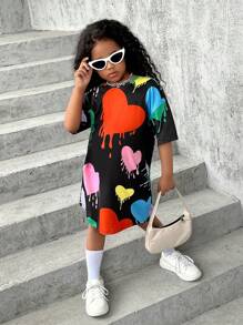 SHEIN 女孩愛心圖案落肩T恤洋裝 - 彩色 - 查看 3