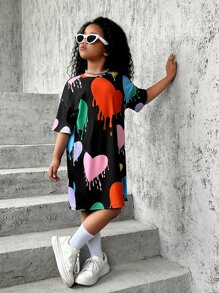 SHEIN 女孩愛心圖案落肩T恤洋裝 - 彩色 - 查看 4