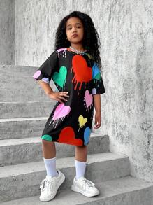 SHEIN 女孩愛心圖案落肩T恤洋裝 - 彩色 - 查看 5