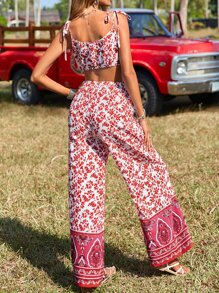 SHEIN VCAY Bộ đồ hai mảnh nữ Thắt nút Hoa Bộ lạc Tất cả trên in Boho - Đỏ và trắng - Xem 2