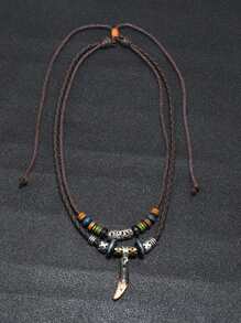 Hombres Collar a capas simulación dientes accesorio - Marrón - Ver 2